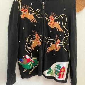 Vintage Black Wrap Around Santa and Reindeer Christmas Cardigan Women's Size‎ M